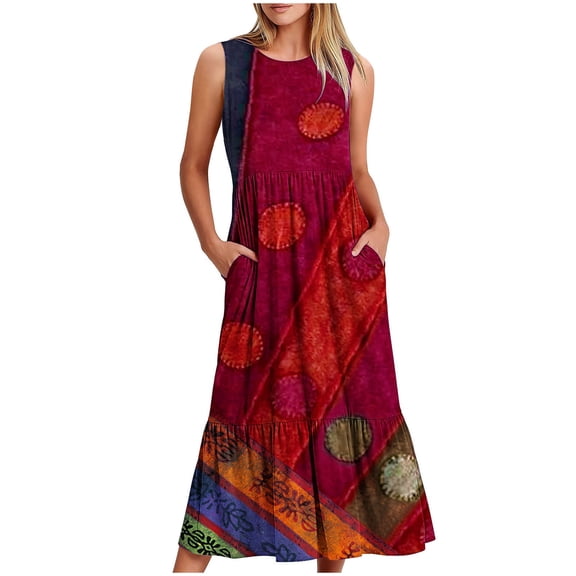 Boho Maxi Dress for Women Summer Cotton Printed Crew Neck Sleeveless Dresses Tunic Tank Dress with Pockets Bohemian Oversized Sundress Orange XL