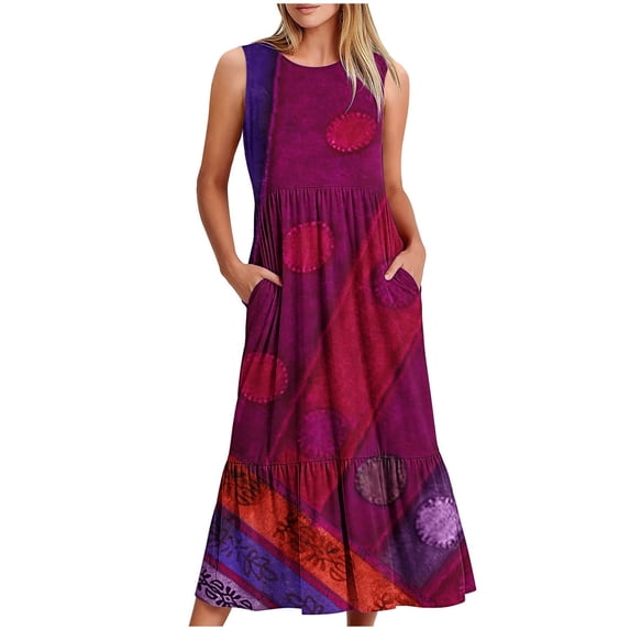 Boho Maxi Dress for Women Summer Cotton Printed Crew Neck Sleeveless Dresses Tunic Tank Dress with Pockets Bohemian Oversized Sundress Red S