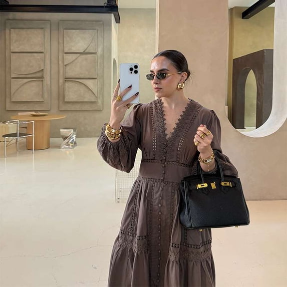 Boho Maxi Dress with Embroidery (S, Brown)