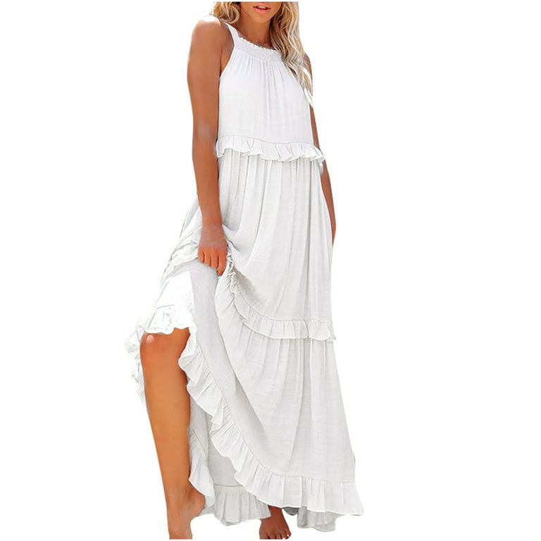 Boho Maxi Dresses for Women Back Tie Sundress Beach Tiered Ruffle Flowy  Solid Long Dress with Adjustable Strap 