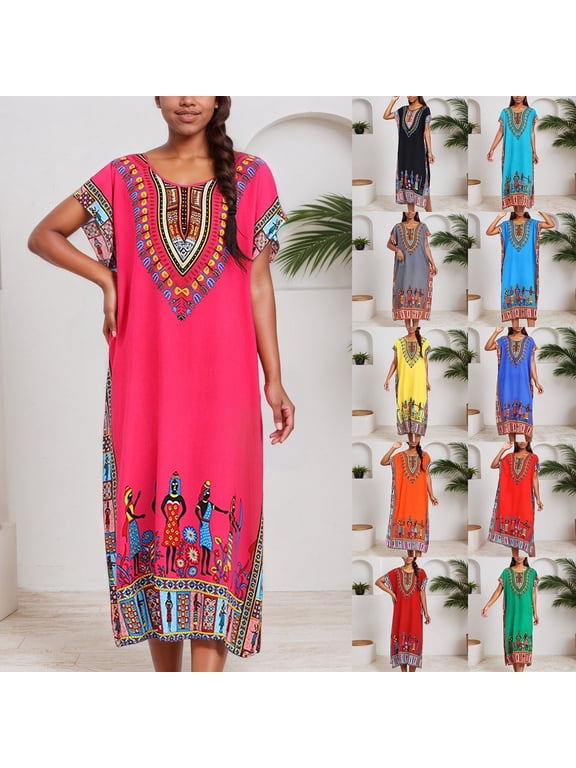 Boho Maxi Dresses for Women Short Sleeve African Print Kaftan Dress Tunic Long Maxi Plus Size Gown Casual Kimono Nightdress Beach Dress Blue One Size
