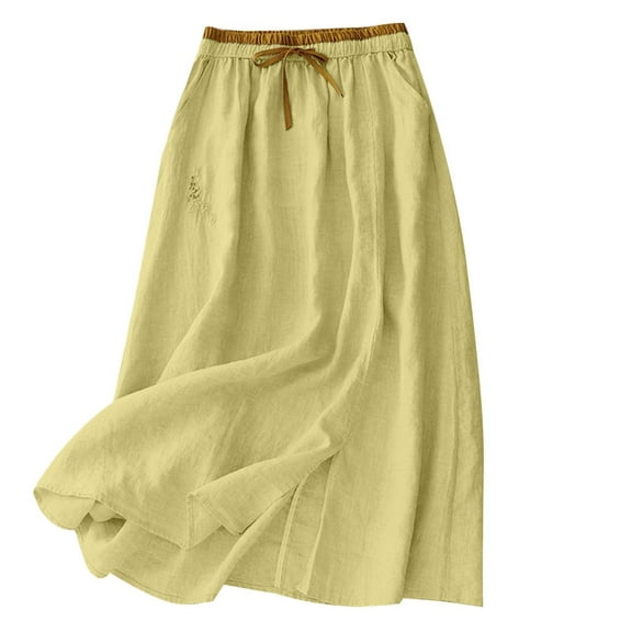 Boho Maxi Skirt for Women High Waist Elastic A-Line Flowy Pleated Long Skirts Cotton Linen Casual Summer Skirts