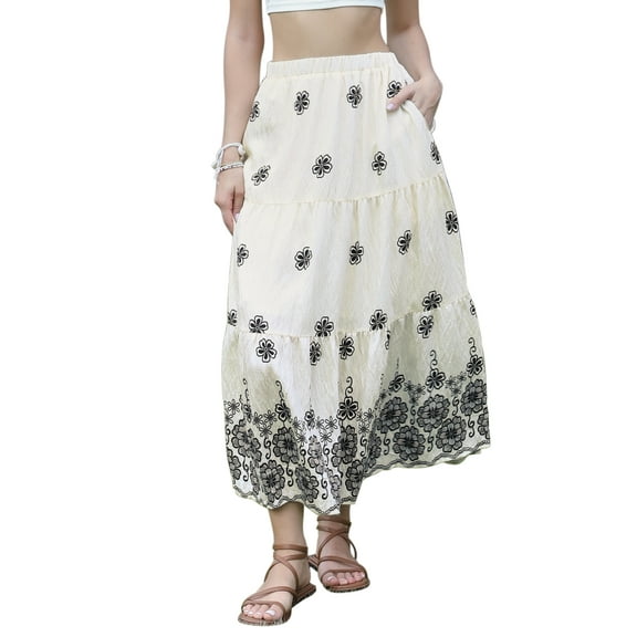 Boho Maxi Skirt for Women Ruffle Hem A Line Elastic High Waist Elegant Flowy Flared Long Skirts M White