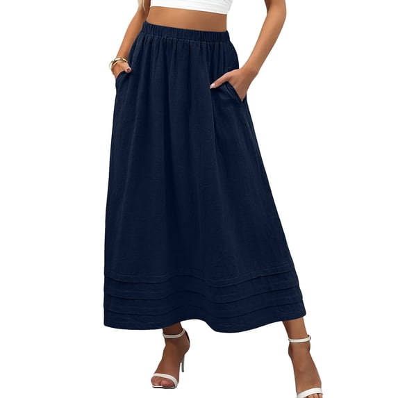 Boho Maxi Skirt with Pintuck Hem, Elastic High Waist A-Line Long Skirt with Pockets, Casual Solid Color Summer Slacks