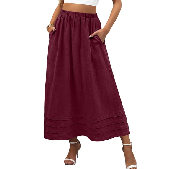Boho Maxi Skirt with Pintuck Hem, Elastic High Waist A-Line Long Skirt with Pockets, Casual Solid Color Summer Slacks