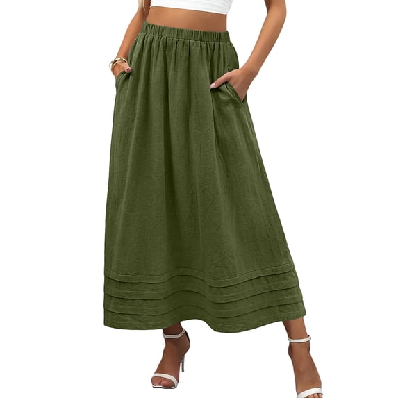 Boho Maxi Skirt with Pintuck Hem, Elastic High Waist A-Line Long Skirt with Pockets, Casual Solid Color Summer Slacks