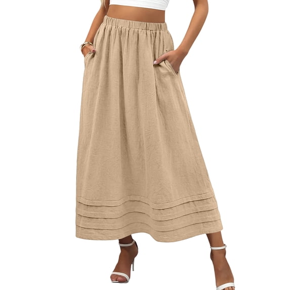 Boho Maxi Skirt with Pintuck Hem, Elastic High Waist A-Line Long Skirt with Pockets, Casual Solid Color Summer Slacks