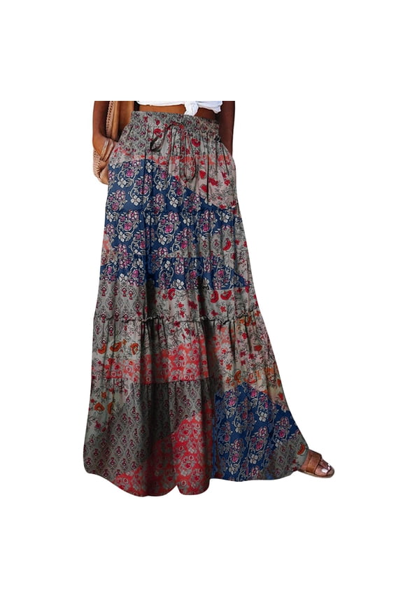 Boho Maxi Skirts for Women 2026 Casual Bohemian Tiered Long Pleated Skirt Hippie High Waisted Aline Beach Flowy Skirt Blue L
