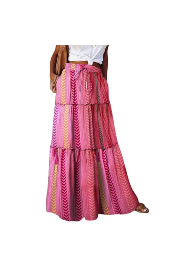 Boho Maxi Skirts for Women 2026 Casual Bohemian Tiered Long Pleated Skirt Hippie High Waisted Aline Beach Flowy Skirt Hot Pink L