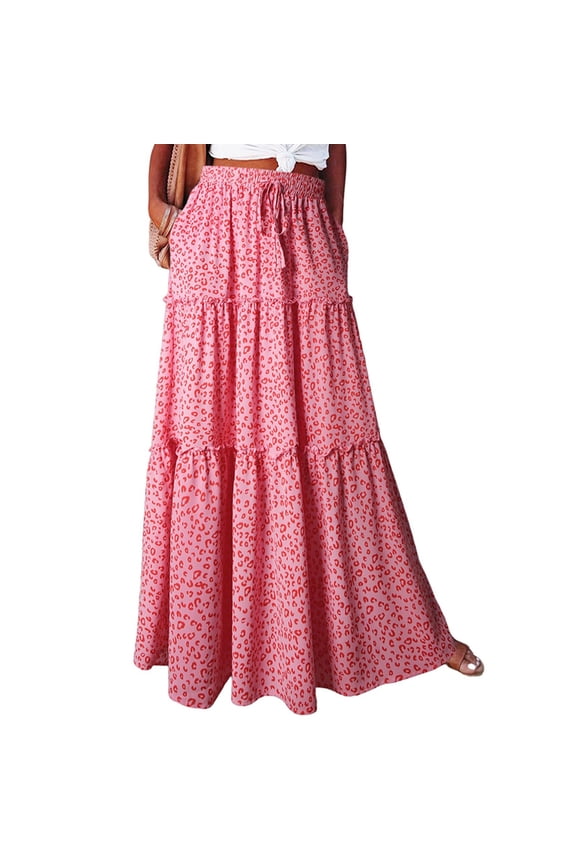 Boho Maxi Skirts for Women 2026 Casual Bohemian Tiered Long Pleated Skirt Hippie High Waisted Aline Beach Flowy Skirt Pink S