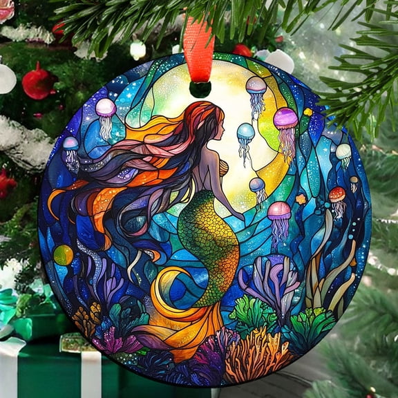 Boho Mermaid in an Ocean Ornament Window Hangings Suncatcher Birthday Gift for Mom Grandma Teacher Women Friend Memorial Hook, 2025, 2025, Seasonal Holiday Decor, Holiday