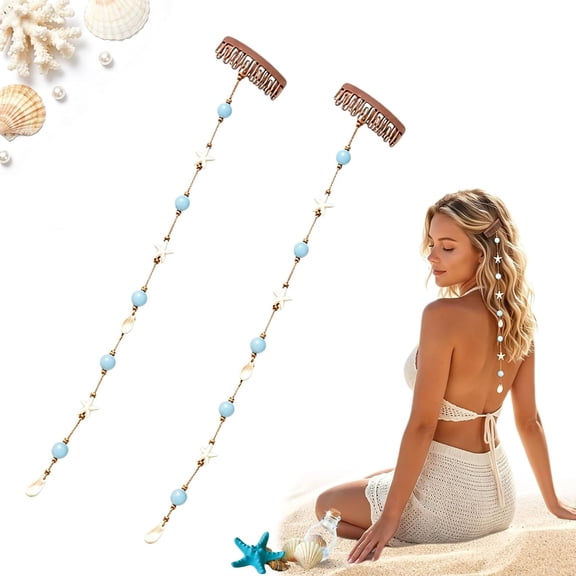 Boho Mermaid Starfish Shell Hair Chain with Concealed Clip, Beachy Beaded Hair Accessory for Women Summer Wedding Festival Vacation