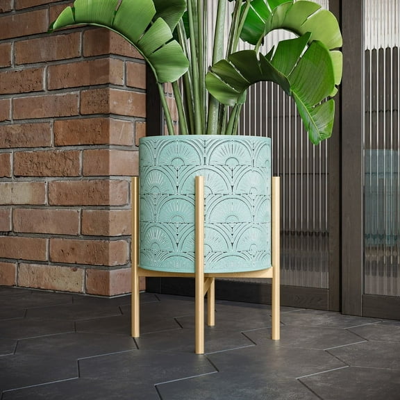 Boho Metal Planter Pot With 4-Leg Gold Metal Base - Blue-Green - 18"H x 13.75"W