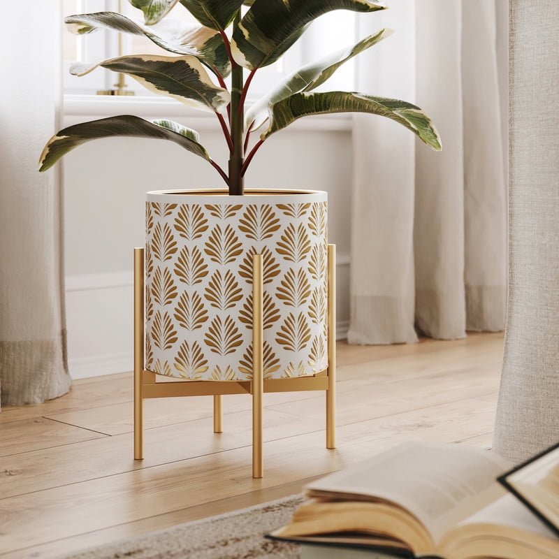 Boho Metal Planter Pot With 4-Leg Gold Metal Base - White & Gold - 12"H x 9.5"W