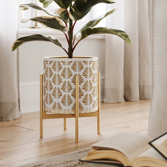 Boho Metal Planter Pot With 4-Leg Gold Metal Base - White & Gold - 12"H x 9.5"W