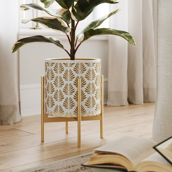Boho Metal Planter Pot With 4-Leg Gold Metal Base - White & Gold - 18"H x 13.75"W