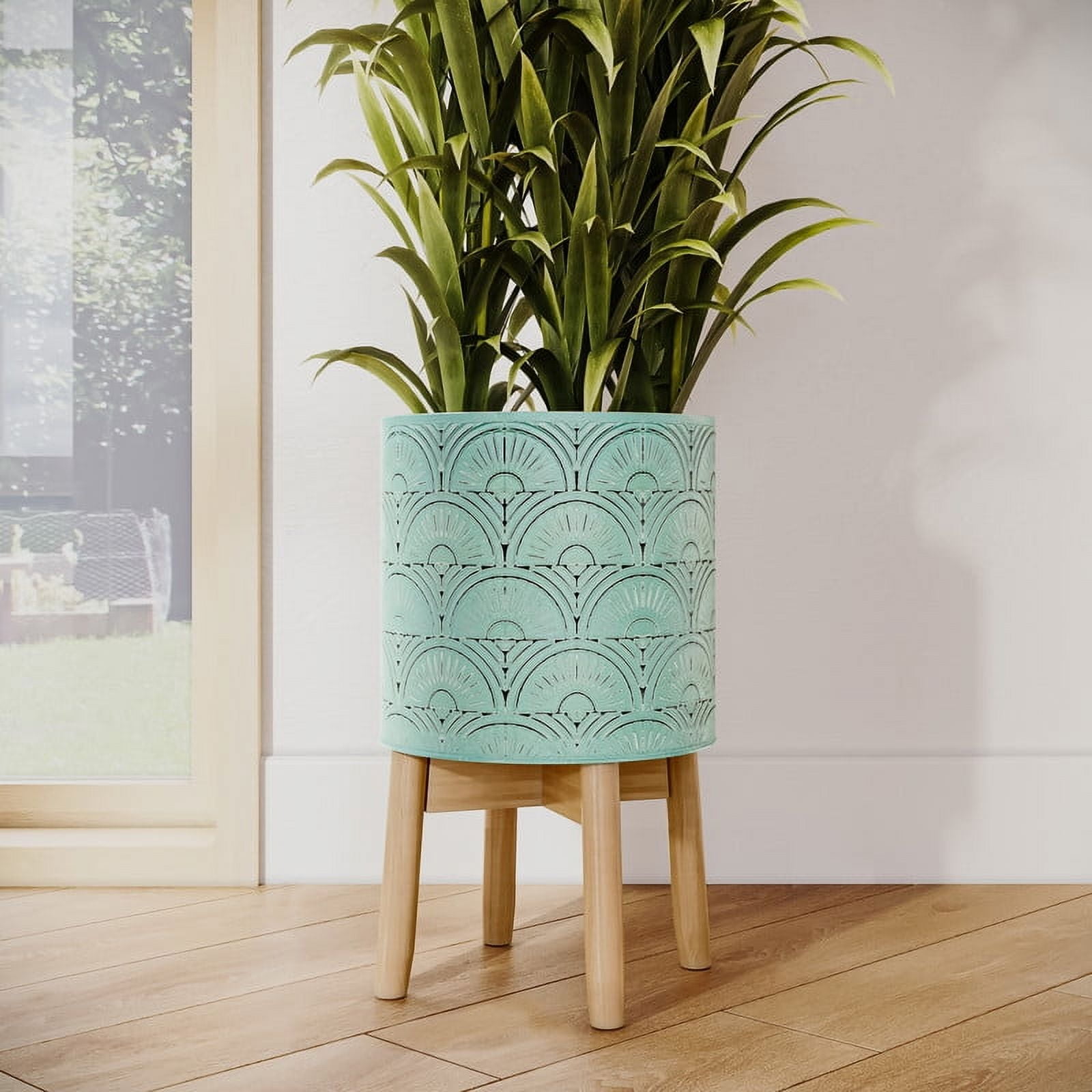 Boho Metal Planter Pot With 4-Leg Wood Base - Blue-Green - 17"H x 10"W
