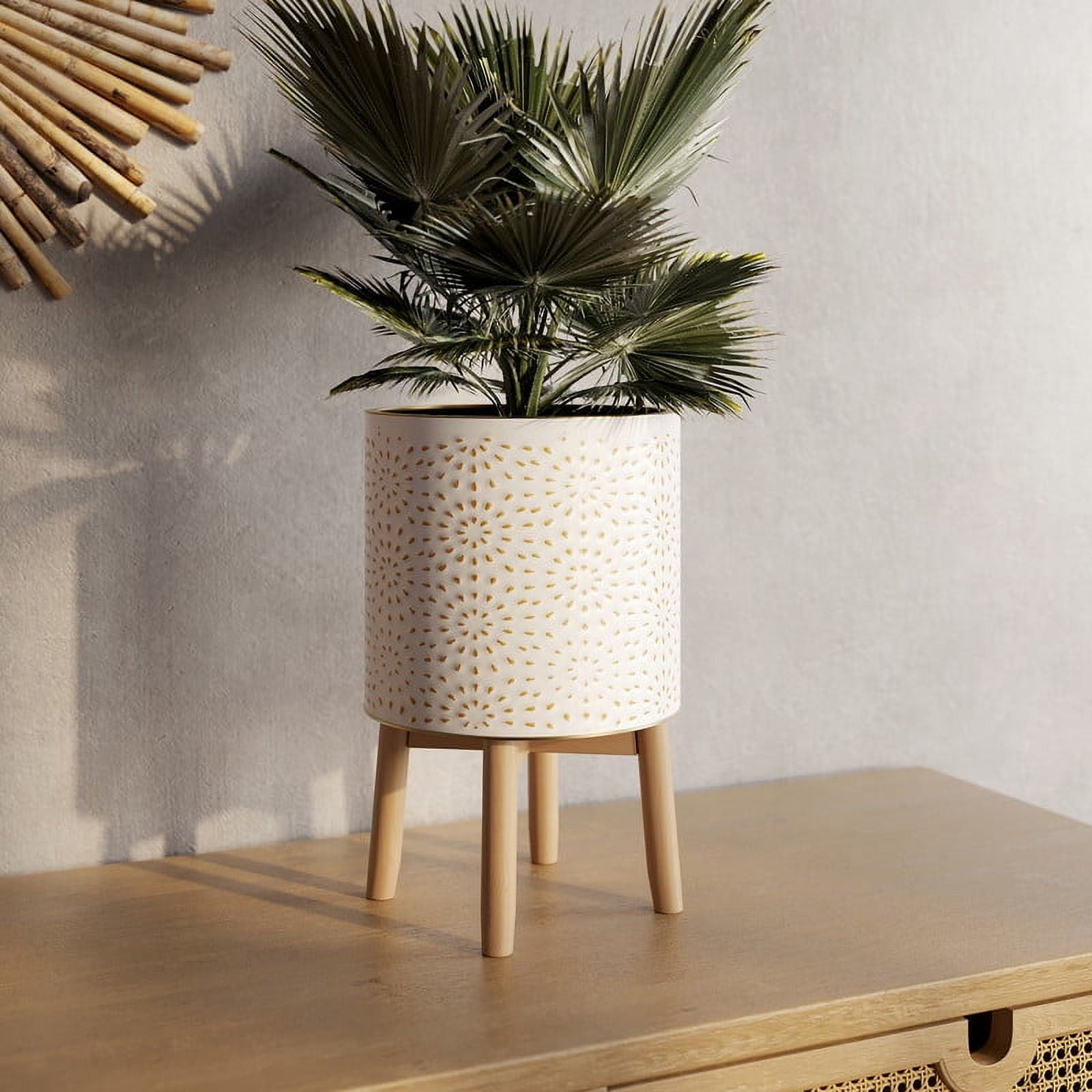 Boho Metal Planter Pot With 4-Leg Wood Base - White & Gold - 17"H x 10"W