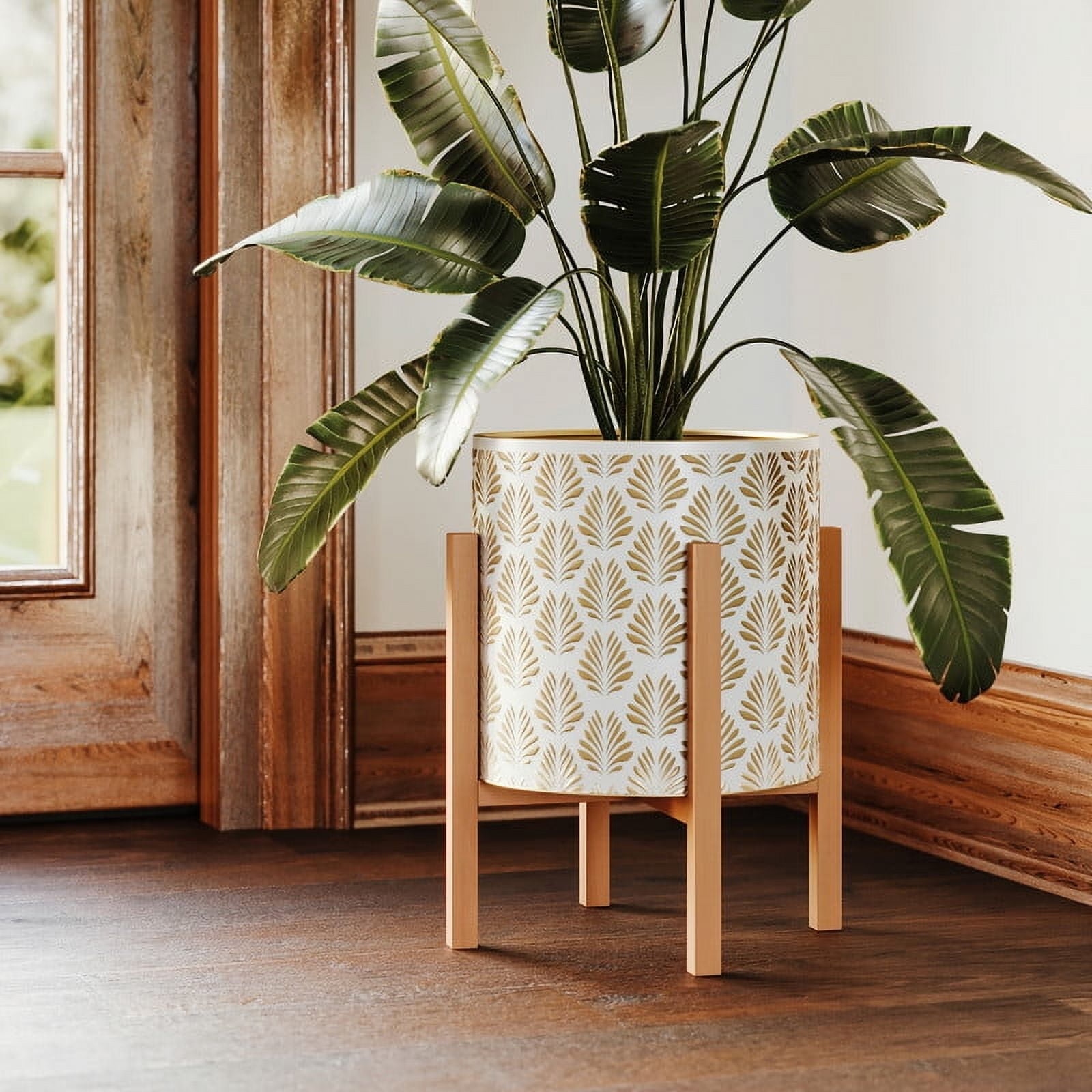 Boho Metal Planter Pot With 4-Leg Wood Base - White & Gold - 18.25"H x 14"W