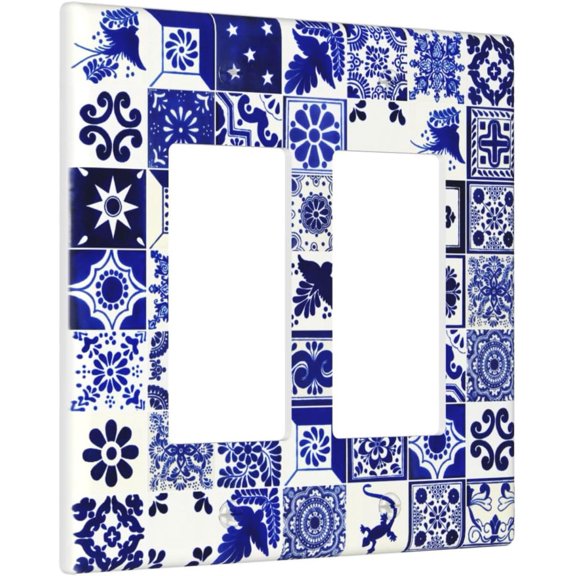 Boho Mexican Tile 2 Gang Light Switch Cover Blue White Decorative Wall Plate Double Rocker GFCI Electrical Switchplate Faceplate for Home Decor