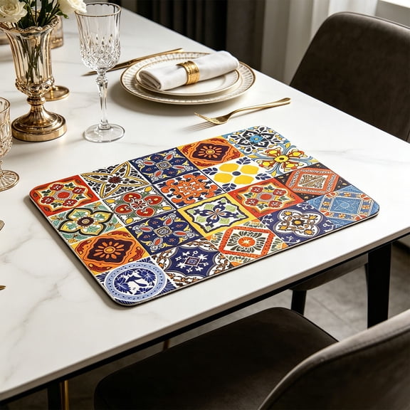 Boho Mexicans Talavera Tile Kitchen Counter Mat Absorbent Dish Drying Mat for Kitchen Sink Decor Ceramic Tile Pattern 15.75x19.69 Inches