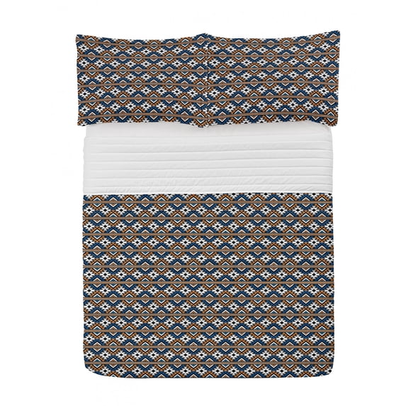 Boho Microfiber Bedspread Set, Borders Seamless Geometrical Pattern in Boho Art Style, Soft Bedding Set with Pillow Shams & Comforter, 3 Sizes, Orange Blue and White, by Ambesonne