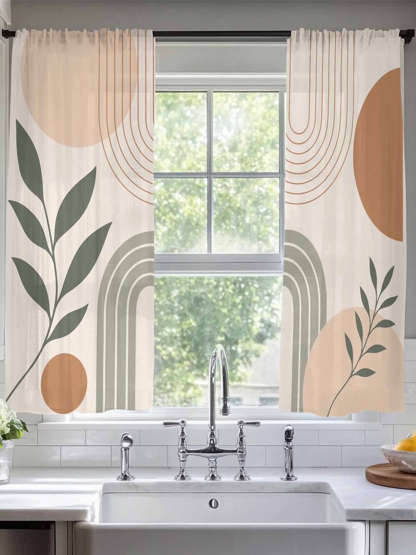 Boho Mid-Century Arch Leaves Sheer Curtains 2 Panels Set Abstract ...