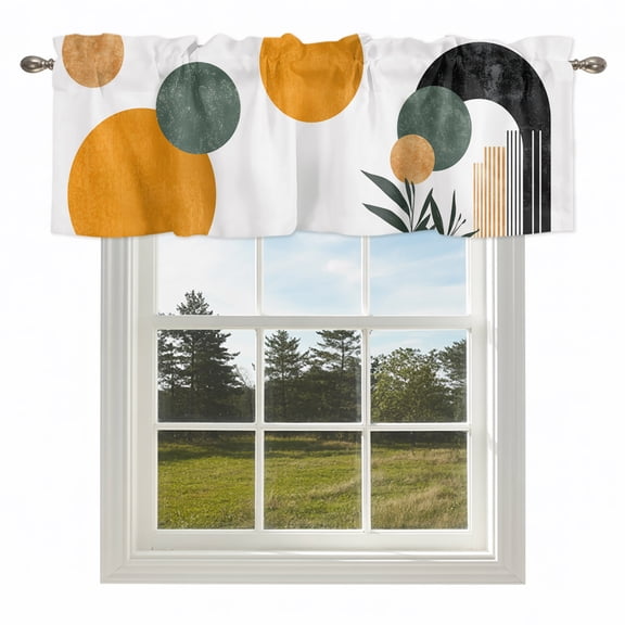 Boho Mid Century Arch Round Valances for Windows Sun Green Leaf Rod Pocket Curtain Valance Window Treatment Short Curtains for Kitchen Living Room,42x12in