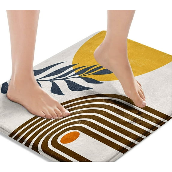 Boho Mid Century Bath Mat, Geometric Abstract Minimalistic Arch Bathroom Rugs No Silp,Moon Leaves White Modern Art Washable Cover Floor Rug Carpets Floor Mat 16x24 Inches for Kitchen Bedroom