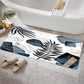 Boho Mid Century Bath Rugs, Abstract Minimalist Geometric Non Slip Flannel Bathroom Rug, Blue Leaves Aesthetic Modern Bath Mat for Bathroom Bedroom Kitchen Outdoor Indoor 16X48IN
