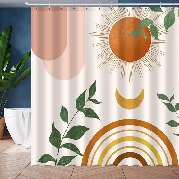 Boho Mid Century Bohemian Orange Minimalist Simple Aesthetic Modern Spring Summer Colorful Rainbow Sun Moon Botanical Fabric Cloth Shower Curtain 72x72 Inches Bathroom Decor