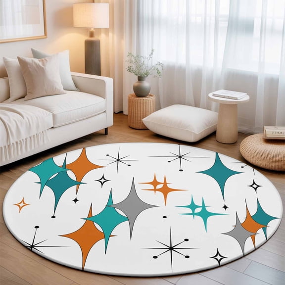 Boho Mid-Century Diamond Pattern Round Rug 5ft Modern Geometric Theme Washable Area Rugs for Living Room Bedroom Entryway Non Slip Entrance Door Mat Indoor Floor Carpet