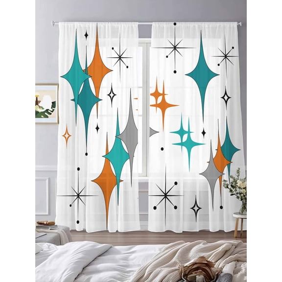 Boho Mid-Century Diamond Pattern Sheer Curtains 2 Panels Set Modern Geometric Theme Lihgt Filtering Rod Pocket Voile Drape,Semi Sheer Window Curtains for Bedroom Living Room,52"x84"