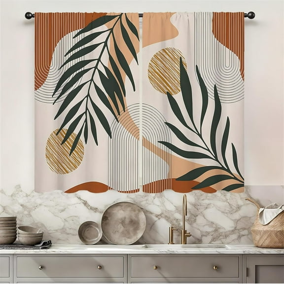 Boho Mid Century Kitchen Curtains Rod Pocket Bohemian Palm Leaf Abstract Modern Terracotta Arch Small Short Cafe Curtain Geometric Window Treatment Drapes Home Decor 27.5W X 39L Inch 2 Panels