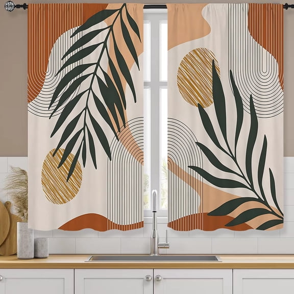 Boho Mid Century Kitchen Curtains Rod Pocket Bohemian Palm Leaf Abstract Modern Terracotta Arch Small Short Cafe Curtain Geometric Window Treatment Drapes Home Decor 27.5W X 39L Inch 2 Panels