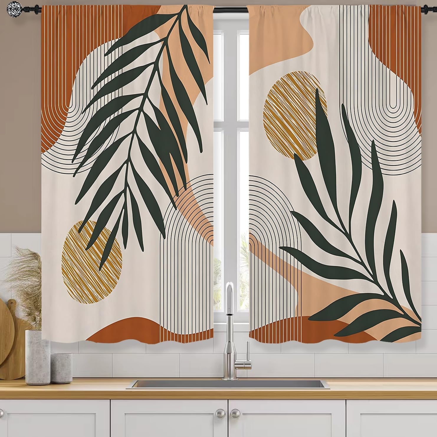 Boho Mid Century Kitchen Curtains Rod Pocket Bohemian Palm Leaf ...