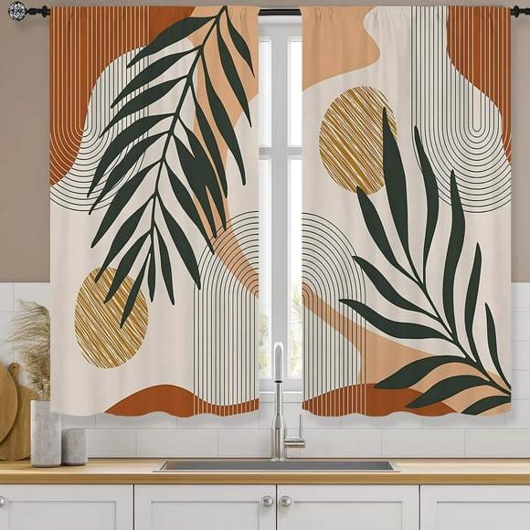 Boho Mid Century Kitchen Curtains Rod Pocket Bohemian Palm Leaf Abstract Modern Terracotta Arch Small Short Cafe Curtain Geometric Window Treatment Drapes Home Decor 27.5W X 36L Inch 2 Panels