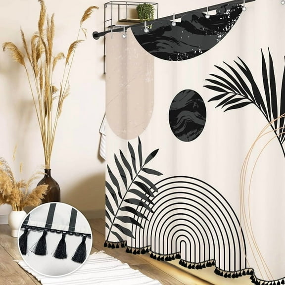 Boho Mid Century Leaf Shower Curtain Set,Arch Sun Design,Minimalistic Leaves Pattern,Waterproof and Luxurious Fabric-12 Hooks(Black and White-72" x 72")