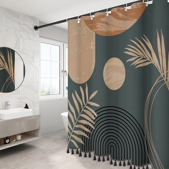 Boho Mid Century Leaf Shower Curtain Set,Arch Sun Design,Minimalistic ...