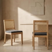 Boho Mid Century Modern Dining Chairs Set of 2, Rattan Dinning Chair with a Square Back, Grey Cane Dining Chair, Linen Upholstered Kitchen and Dining Room Chairs
