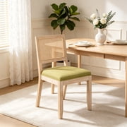 Boho Mid Century Modern Dining Chairs Set of 2, Rattan Dinning Chair with a Square Back, Olive Cane Dining Chair, Linen Upholstered Kitchen and Dining Room Chairs