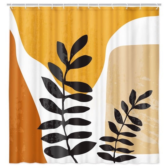 Boho Mid Century Modern Shower Curtain, Abstract Shapes Geometry Fabric Shower Curtain, Plant Botanical Gardens Bath Curtain with Hooks 69x70 Inch