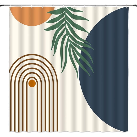 Boho Mid Century Modern Shower Curtain Abstract Tropical Leaves Arch Line Sun Blue Orange Geometry Minimalisti Fabric Bathroom Curtains Decor Set with Hook(72" WX72 H)