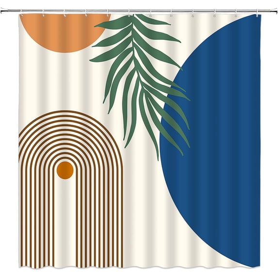 Boho Mid Century Modern Shower Curtain Abstract Tropical Leaves Arch Line Sun Blue Orange Geometry Minimalisti Fabric Bathroom Curtains Decor Set with Hook (84" Wx72 H)
