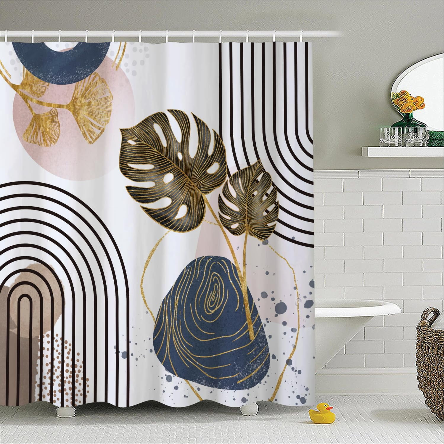 Boho Mid Century Modern Shower Curtain Navy Blue Shower Curtains for ...