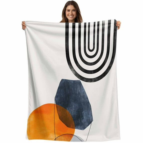 Boho Mid Century Modern Throw Blankets, Orange Navy Blue Beige Soft Fleece Blanket Decorative for Home Sofa Couch Chair Living Bedroom, 40x50 inches,