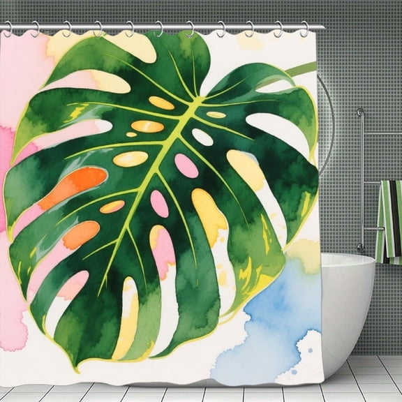 Boho Mid Century Modern Tropical Print Shower Curtain,Modern Fabric Waterproof Shower Curtain Set with Hooks 70.8×70.8Inch (180×180cm)