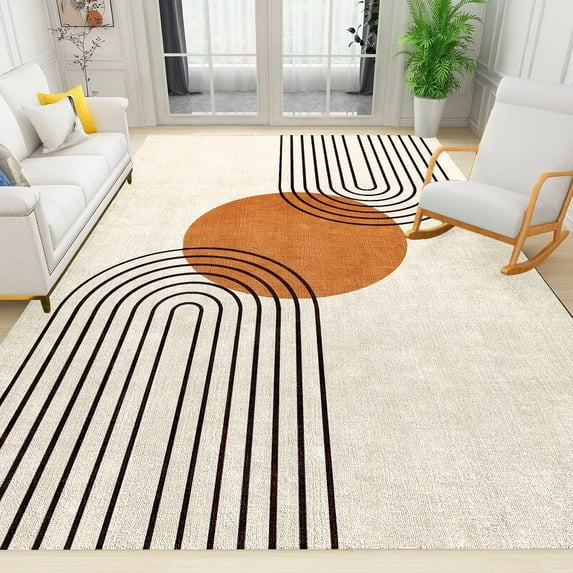 Boho Mid Century Orange Area Rug, Modern Abstrac Art Line Minimalist Rugs Mats, Vintage Washable Soft Fluffy Large Floor Carpet for Bedroom Living Room Office 5'x7'