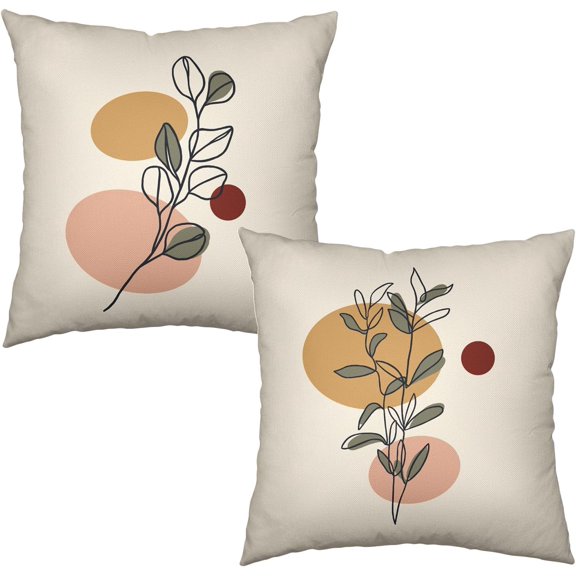 Boho Mid Century Pillow Covers 16x16 Set of 2 Abstract Plants Leaves Branches Pillow Cases Geometry Circles Art Pillowcase Modern Minimalist Decorative Pillow Protector for Home Couch Sofa