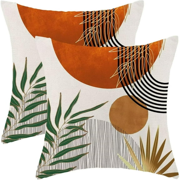 Boho Mid Century Pillow Covers 16x16 Set of 2,Orange Gold Throw Pillowcase Geometric Aesthetic Sunset Outdoor Farmhouse Cushion Cover for Sofa Couch Bed Living Room Decor